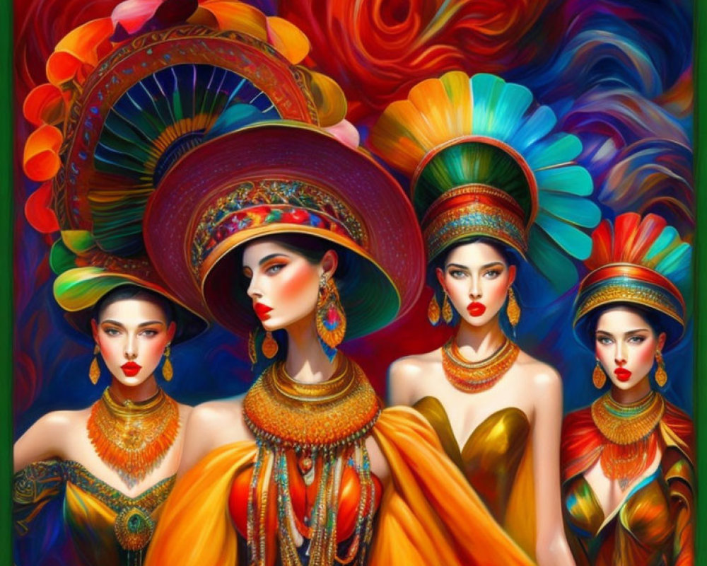 Three Women in Luxurious Attire with Elaborate Headpieces on Colorful Background