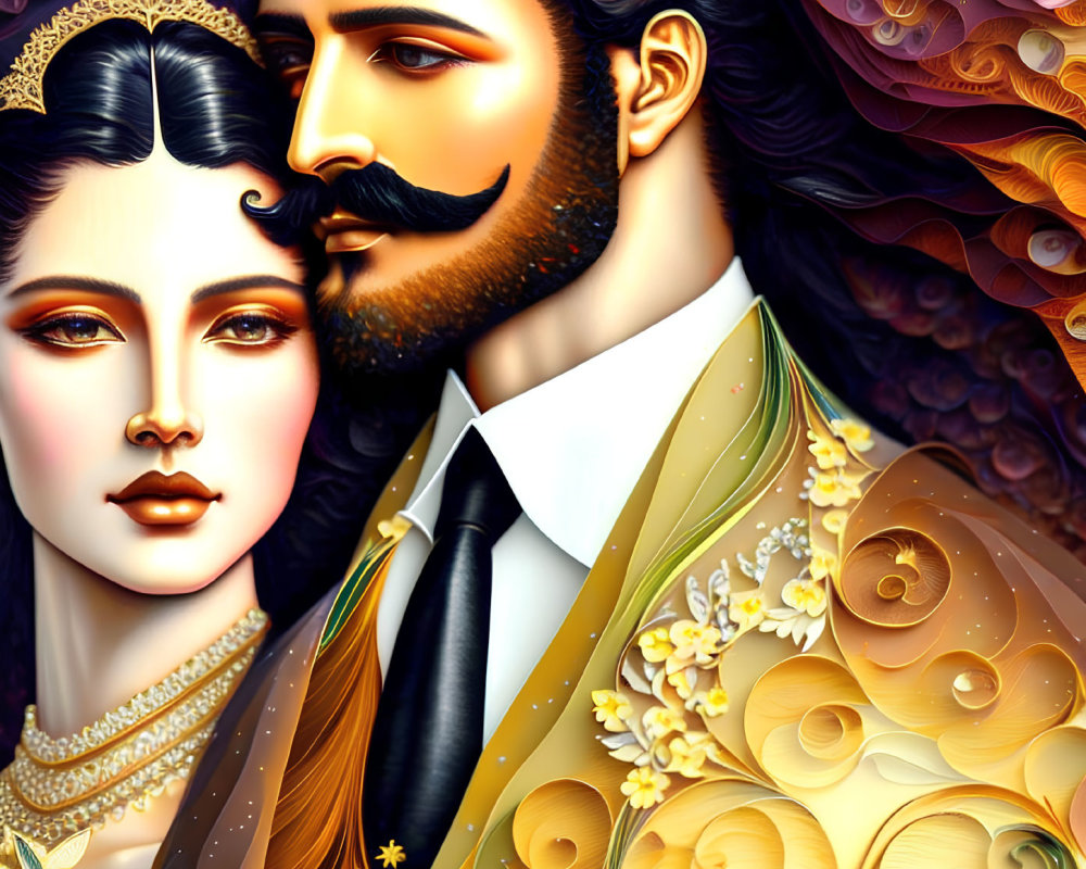 Detailed portrait of regal couple in ornate attire, man with mustache and woman with hairpiece