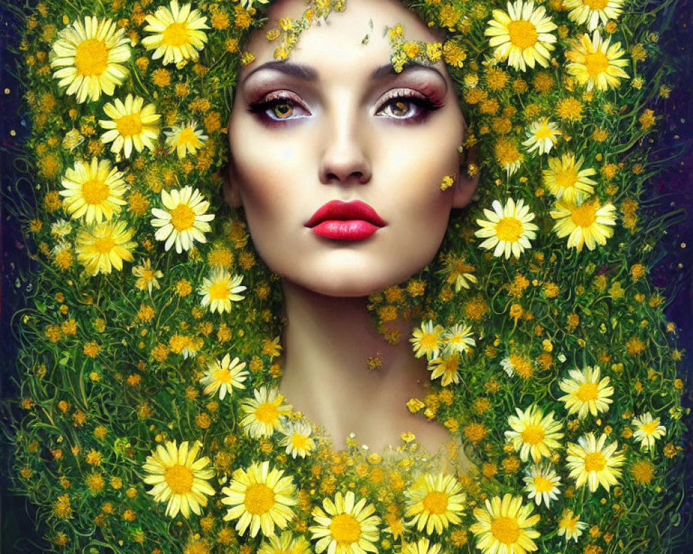 Woman's Face Framed by Yellow Daisy Flowers and Green Foliage with Floral-Themed Makeup Acc