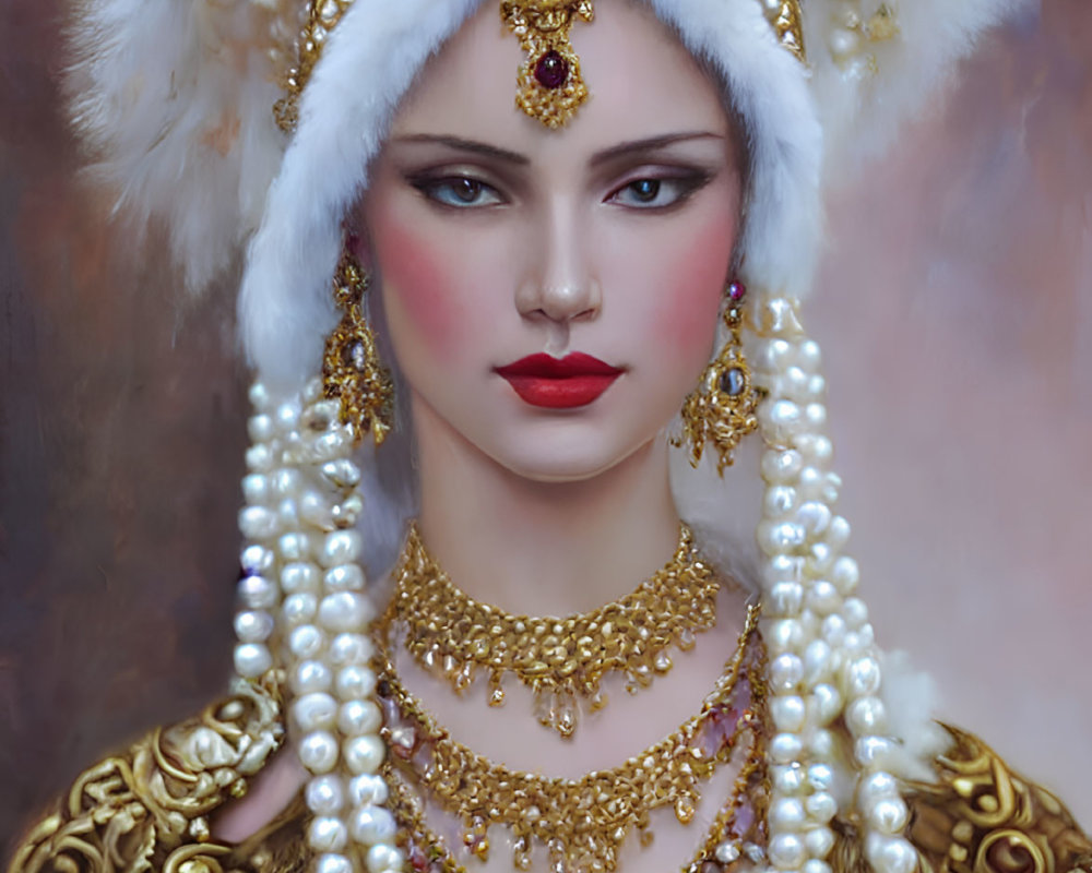 Portrait of Woman in Luxurious Attire and Jewelry with Solemn Expression