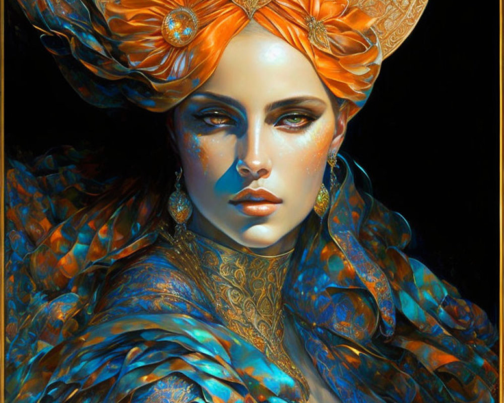 Stylized portrait of woman with ornate orange turban and blue feather collar