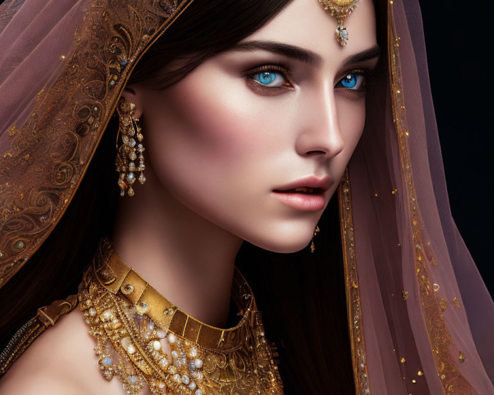 South Asian Bridal Look with Blue Eyes and Gold Jewelry