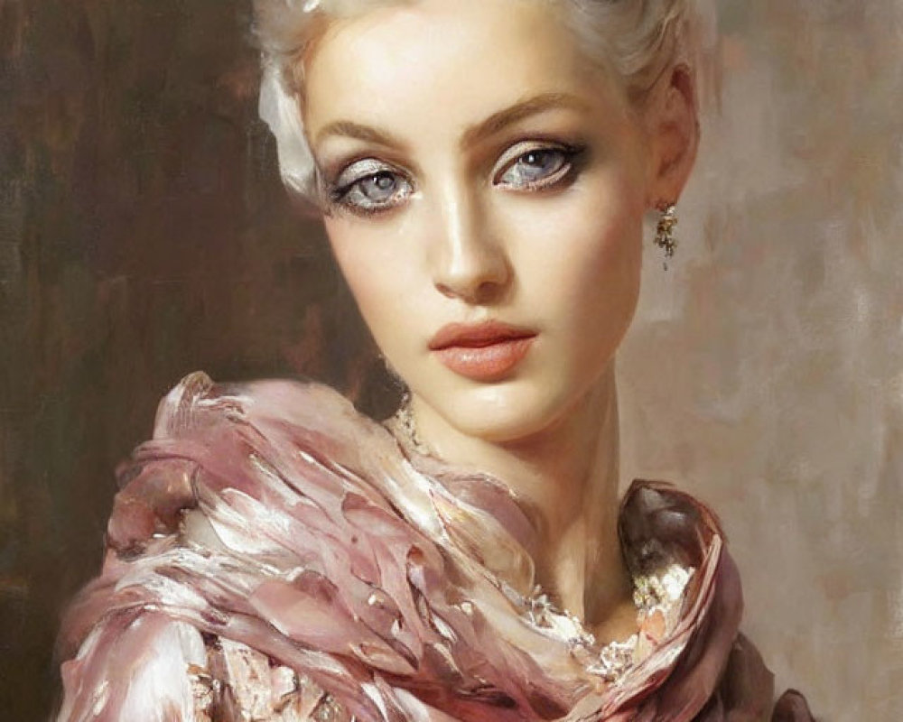 Portrait of woman with pale skin, blue eyes, pink lips, chic updo, sequined pink