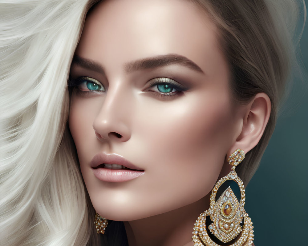 Portrait of Woman with Striking Blue Eyes and Blonde Hair Adorned with Gold and Green Earrings