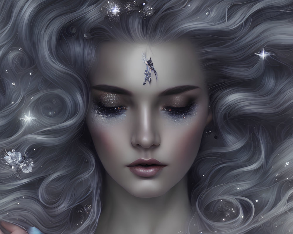 Fantastical image: Woman with flowing gray hair and jeweled adornment