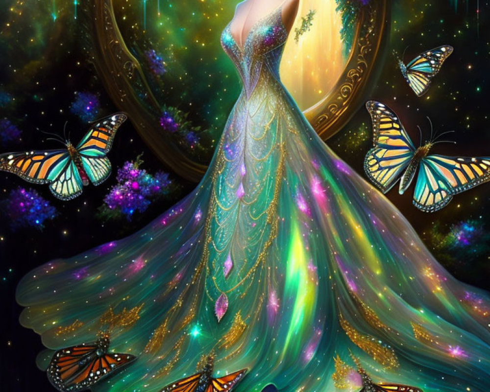 Fantasy-inspired illustration of elegant peacock-feather gown on mannequin surrounded by butterflies and mystical