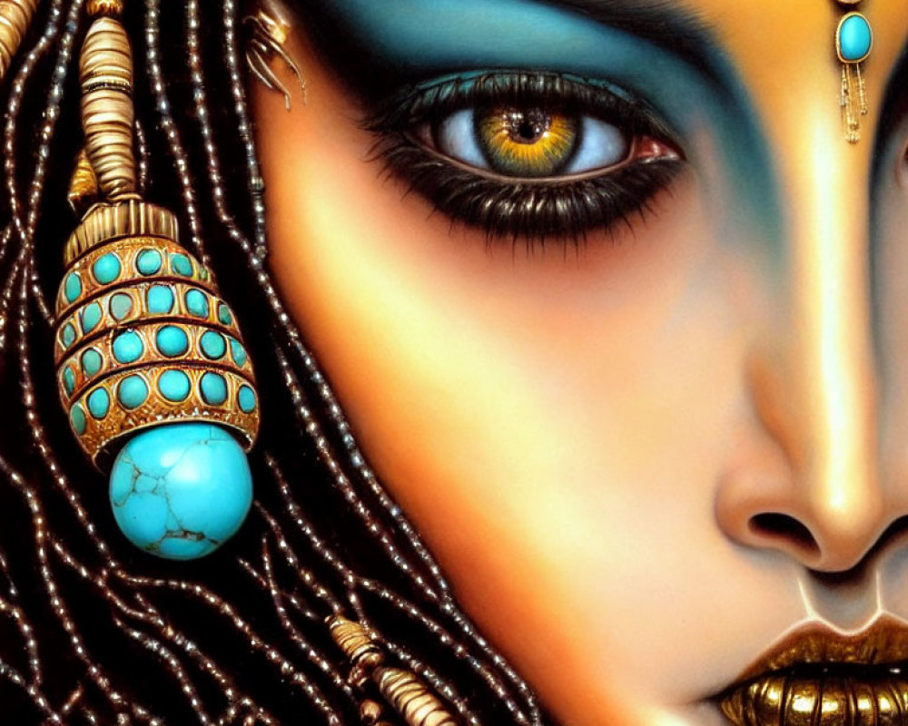 Fantastical female face with tribal jewelry and yellow eye on golden background