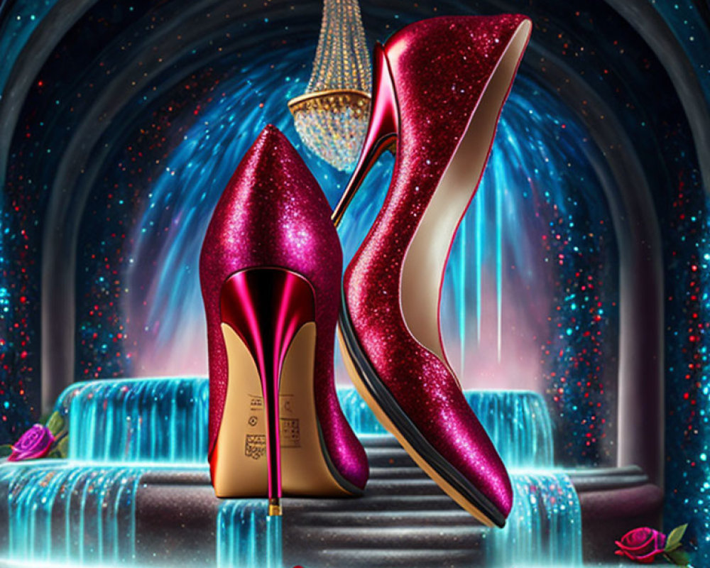 Sparkling Red High-Heeled Shoes in Magical Starry Setting