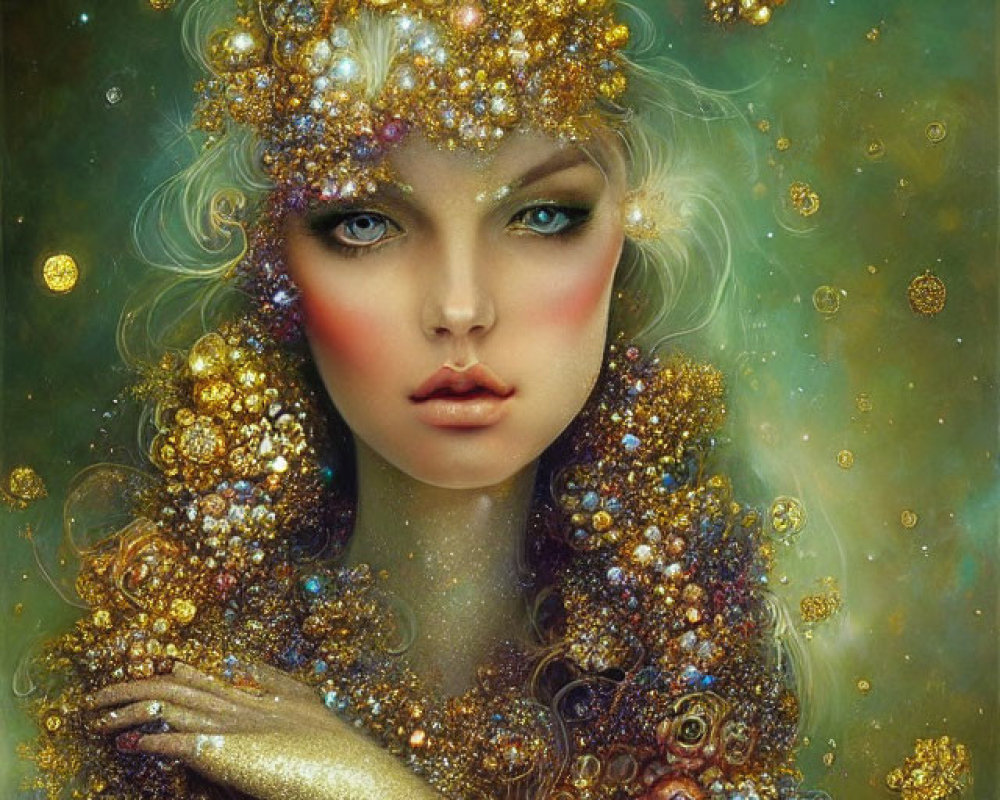 Golden headpieces and sparkling jewels on a woman in a fantastical portrait with a starry backdrop