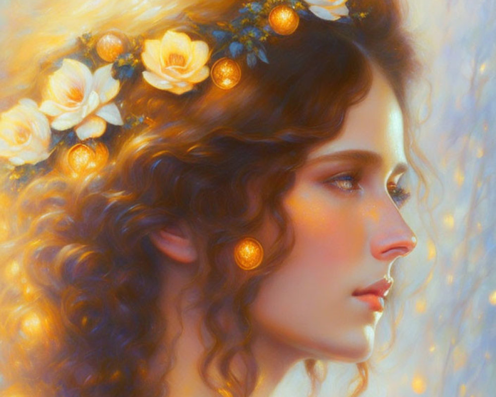 Curly-haired woman with floral headpiece in soft glow