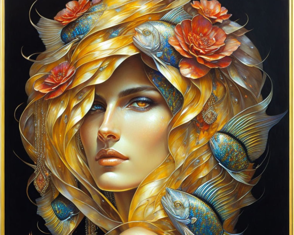 Vibrant portrait featuring woman with golden hair, fish, and flowers on dark backdrop