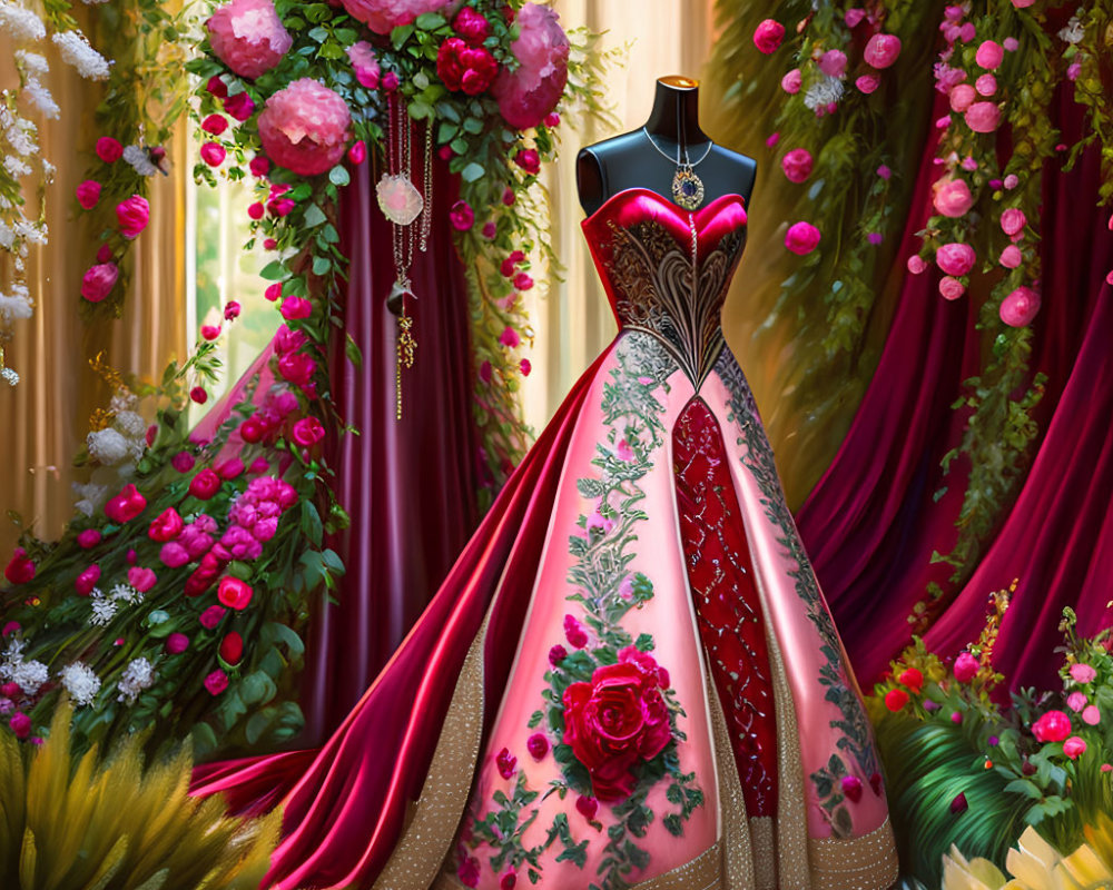 Exquisite pink and red ball gown with intricate embroidery amid lush floral backdrop