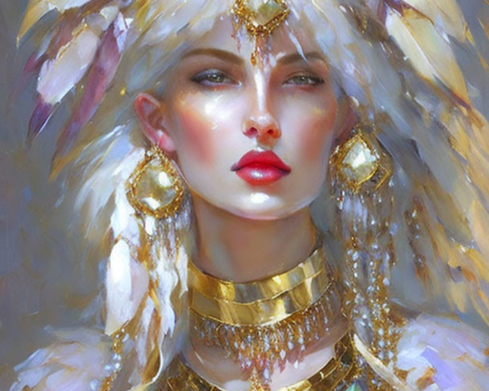 Woman in Luxurious White Feather Headdress with Gold Jewelry