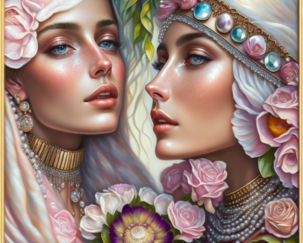 Stylized women with intricate headpieces and jewelry among roses