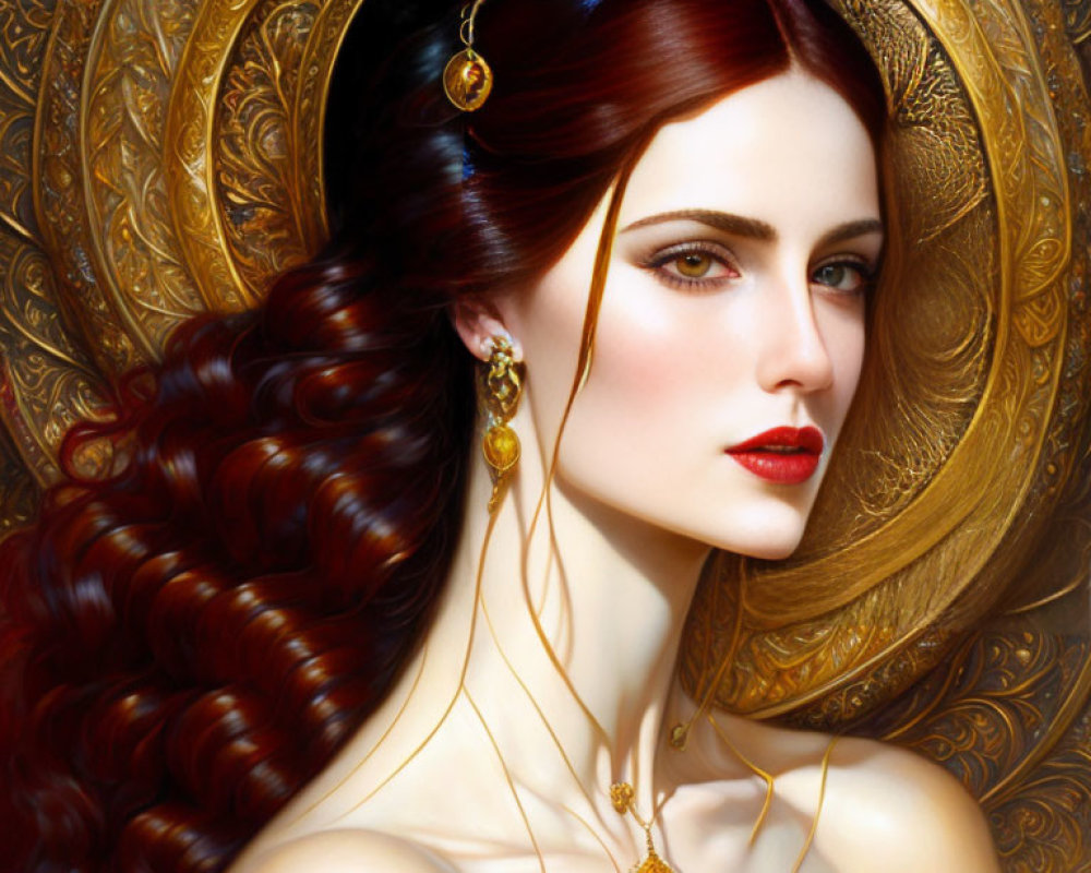 Red-Haired Woman Portrait with Gold Jewelry on Ornate Golden Background