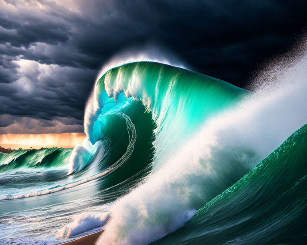 Large Wave Cresting with Intricate Textures and Hues under Dramatic Sky