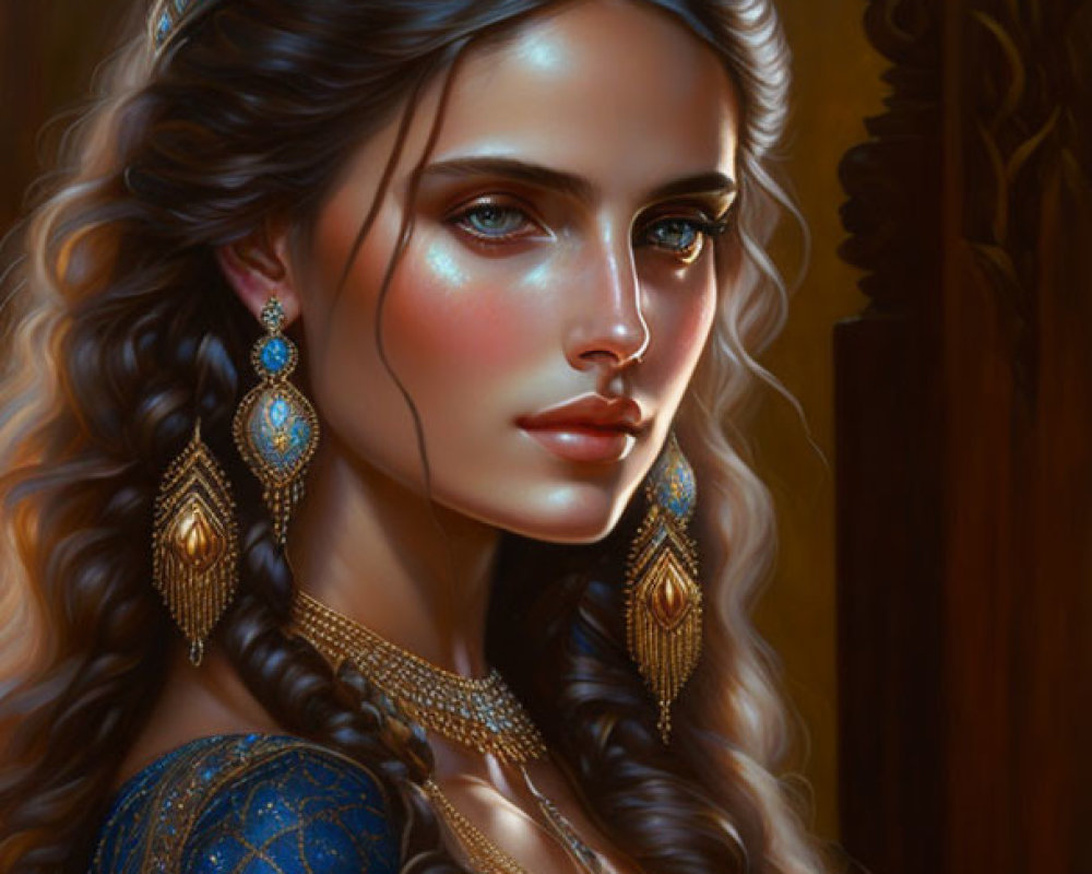 Regal woman with braided hair and golden crown in blue gown