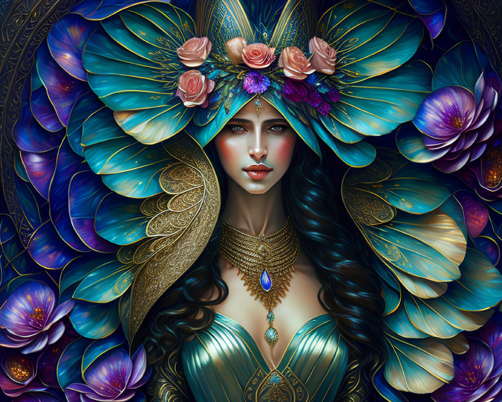 Fantastical woman with blue and green plumage and floral crown in floral setting