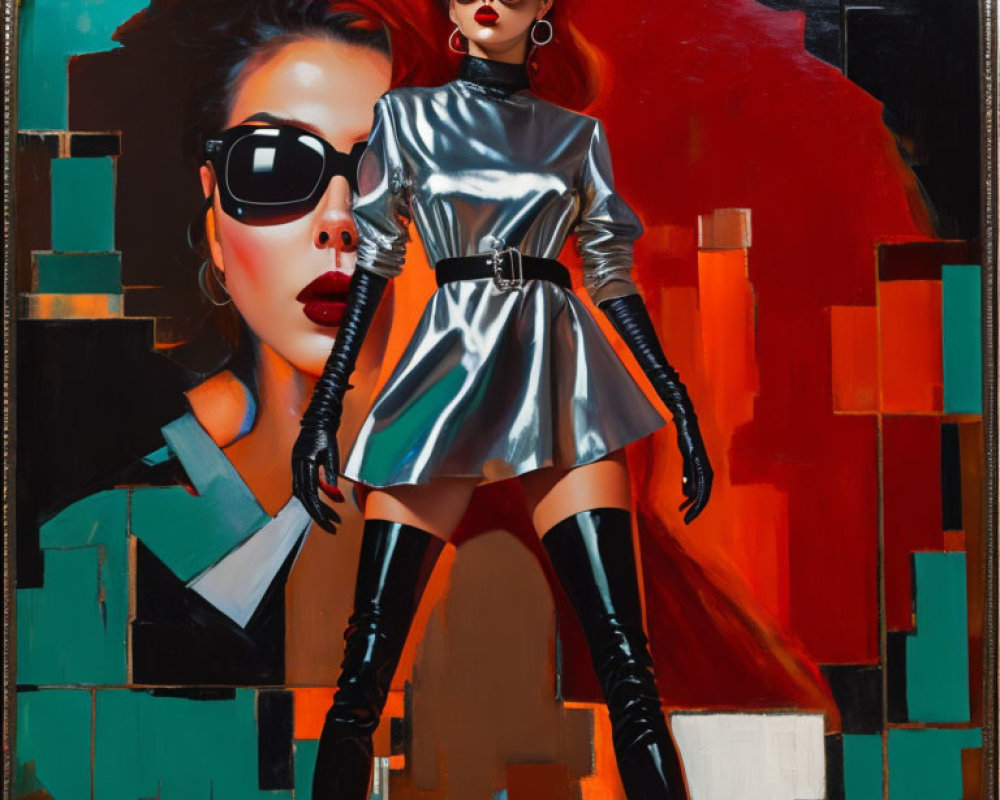 Colorful street art featuring stylish woman in metallic dress, sunglasses, thigh-high boots, geometric backdrop