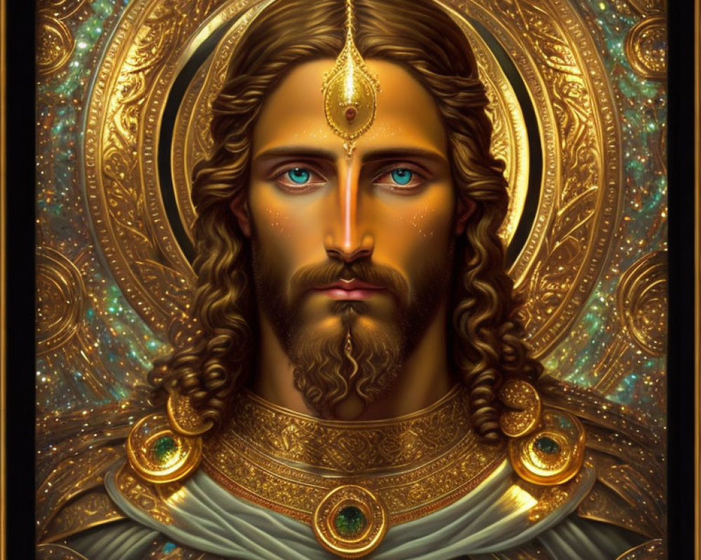 Ornate portrait of a man in gold armor with blue eyes and mystical background