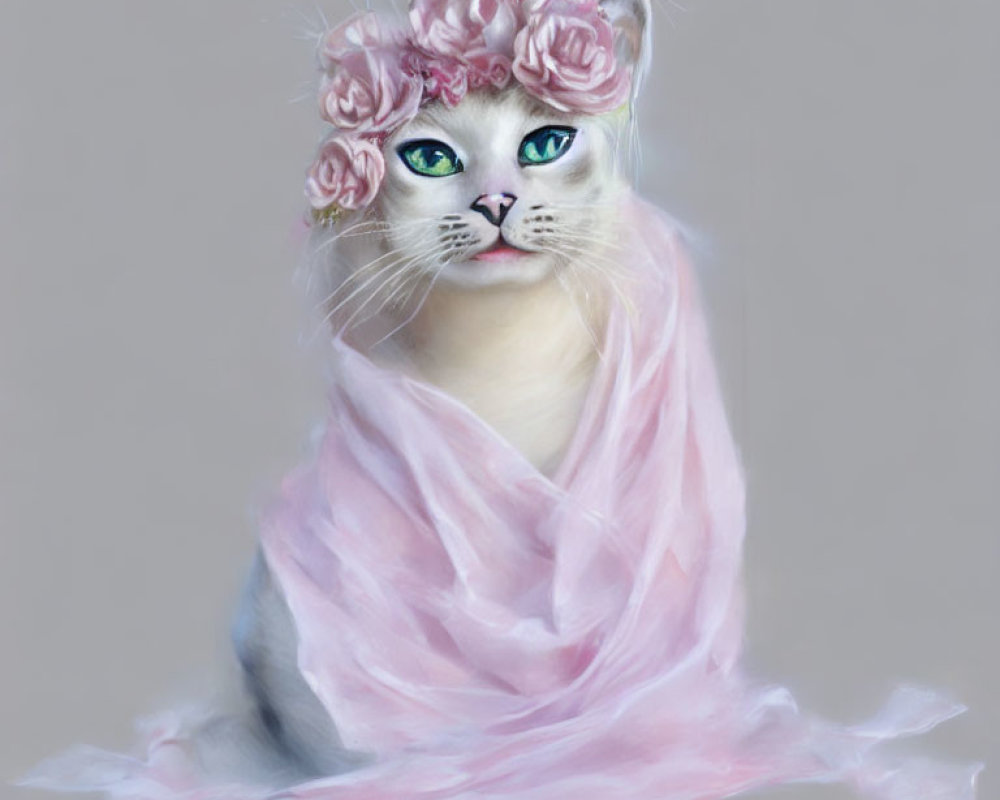 Stylized cat illustration with floral crown and pink fabric