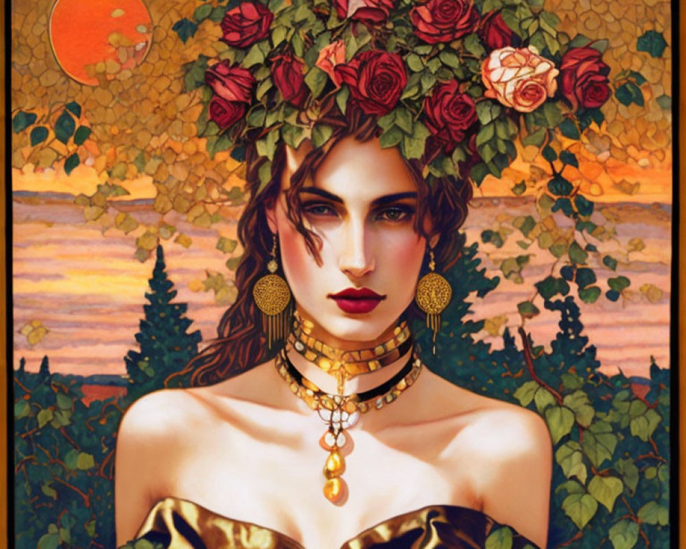 Illustrated woman with red rose crown in sunset-themed mosaic backdrop