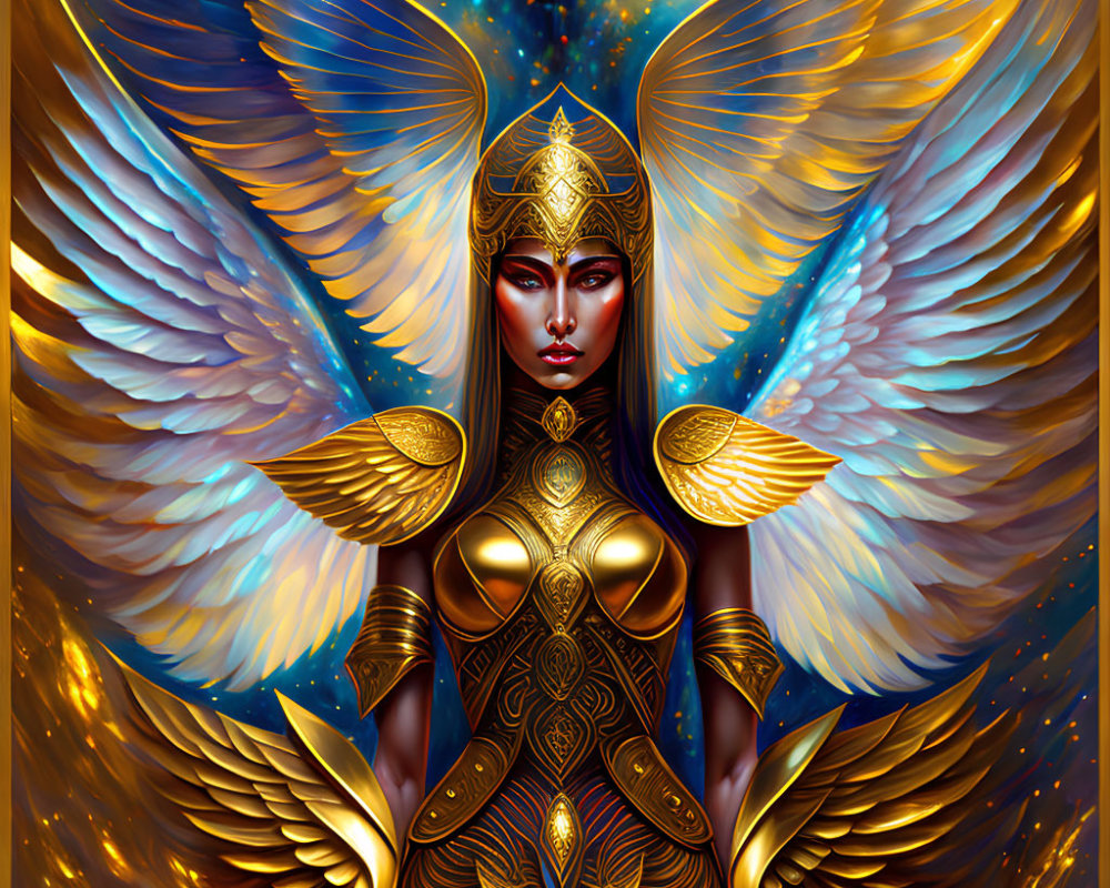 Golden-armored figure with blue wings on shimmering backdrop