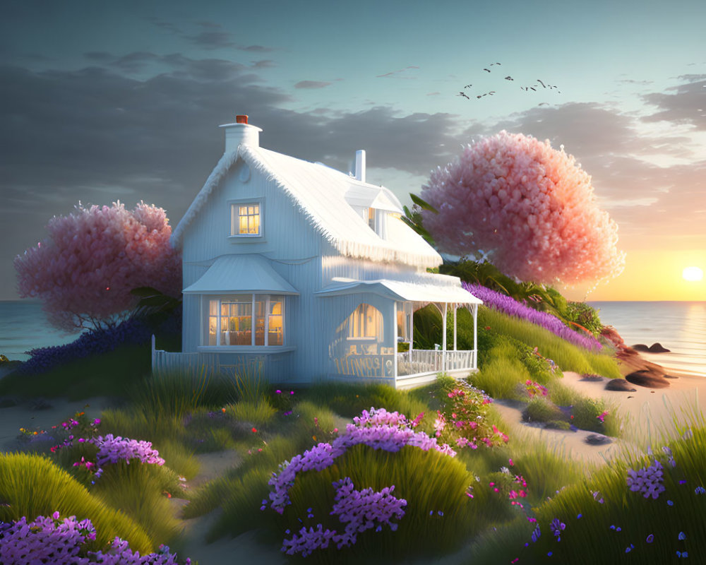 Seaside Cottage Sunset Scene with Gardens and Ocean View