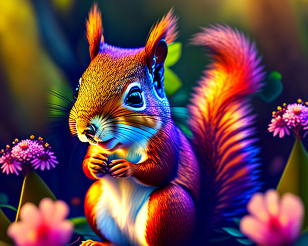 Colorful digital illustration of squirrel in vibrant flora & surreal lighting