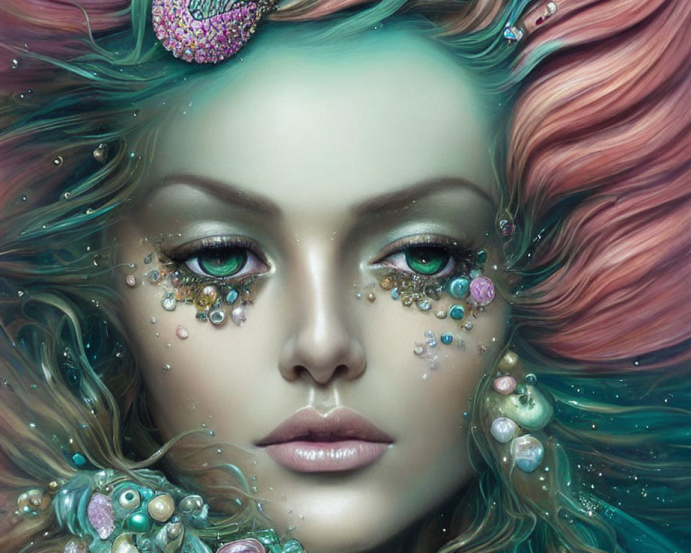 Fantasy-inspired portrait of a woman with pink and turquoise hair, pearls, gemstones, and fish