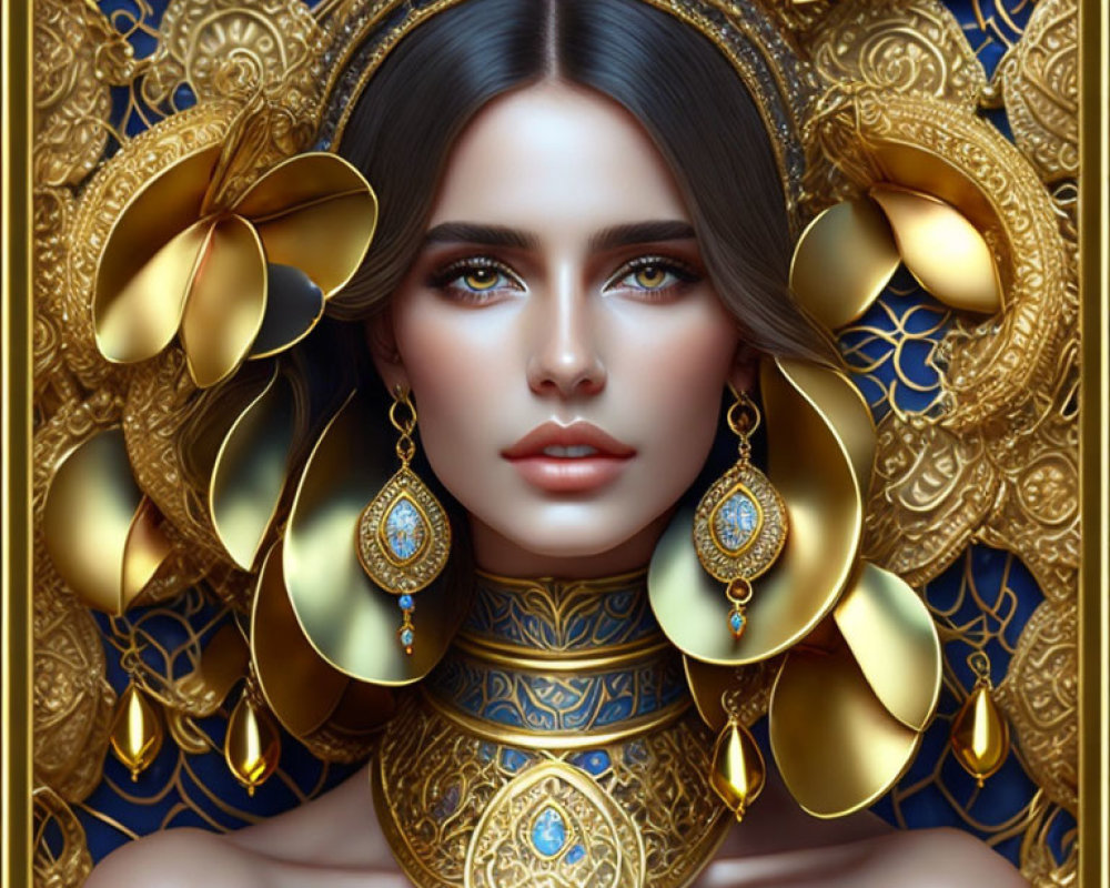 Intricate digital artwork of a woman in gold jewelry and headdress on blue background