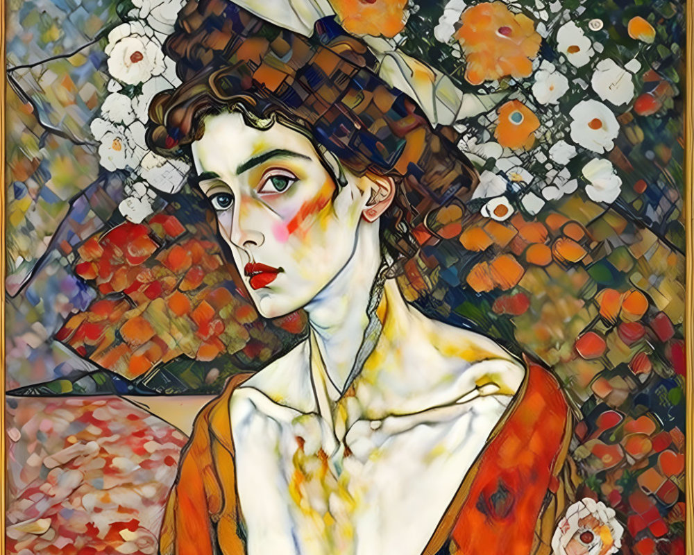 Stylized portrait of a woman with brown hair in pale headdress amid colorful abstract flowers. Orange