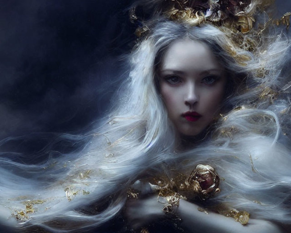 Pale-skinned woman with silver hair and golden crown in mystical setting.