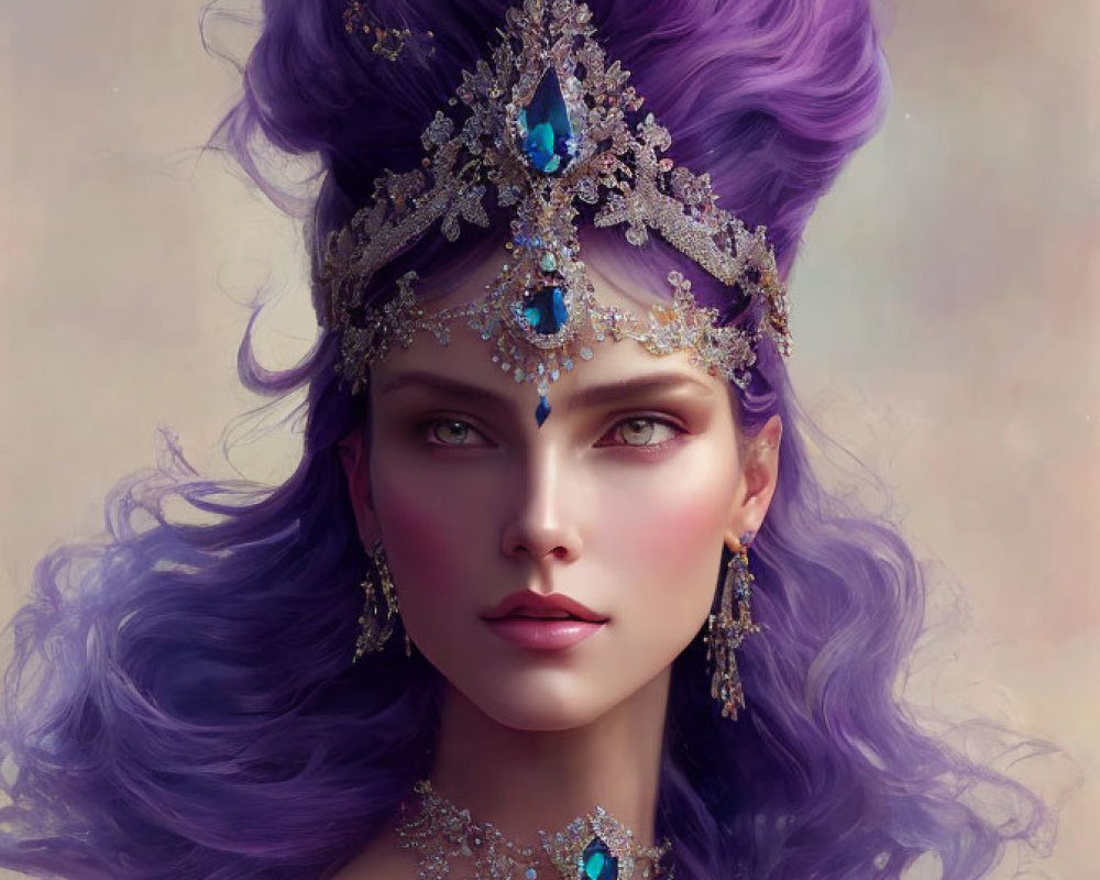 Portrait of woman with vibrant purple hair and ornate silver and blue jewel headpiece, matching earrings,