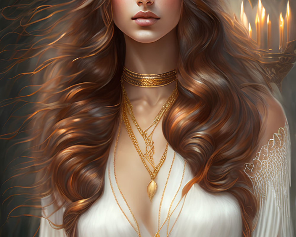 Digital portrait: Woman with flowing brown hair, intense gaze, feathered headdress, gold jewelry,