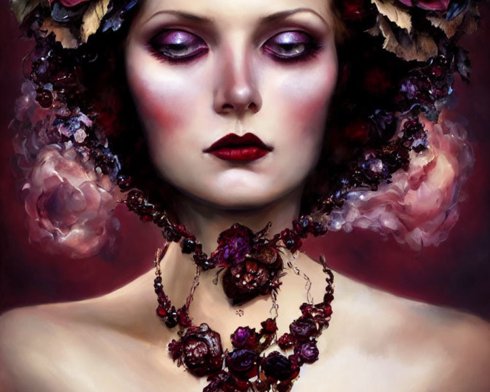 Portrait of person with pale skin, dark lips, eyeshadow, floral headpiece, and dark