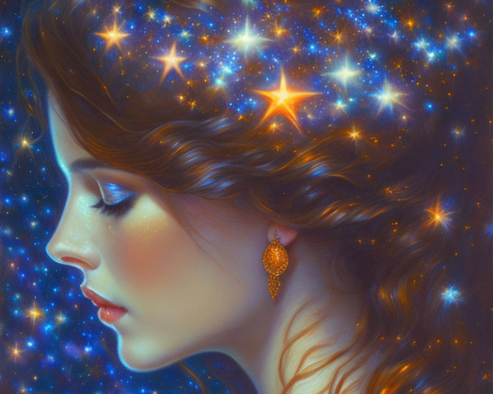 Surreal portrait of woman with cosmic hair and golden earring