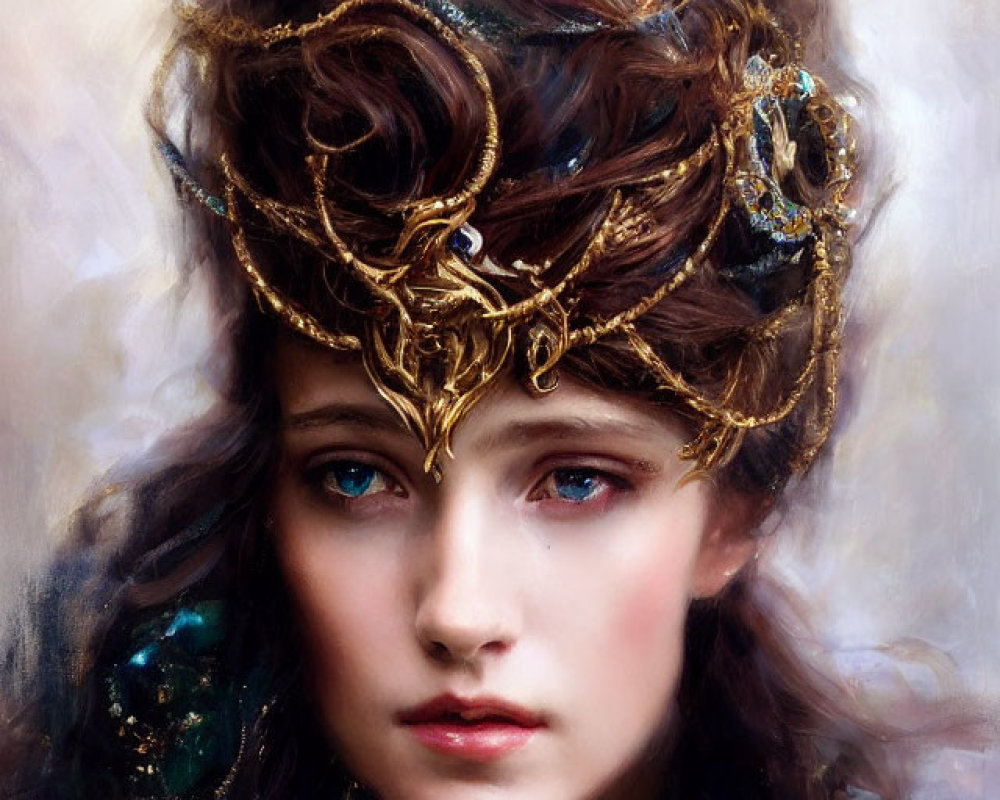 Portrait of young woman with golden headpiece and jeweled hair accents