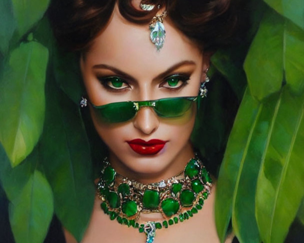 Woman with Striking Eyes in Emerald Jewelry and Tiara Among Green Leaves