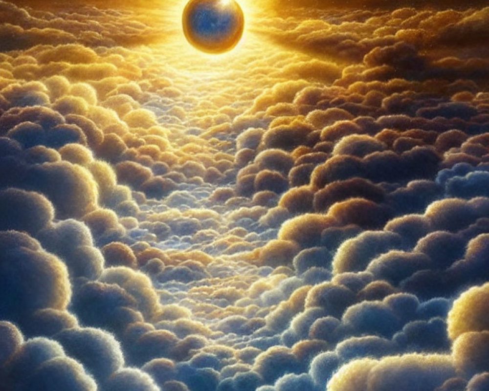 Vivid painting of sunlit planet above golden clouds