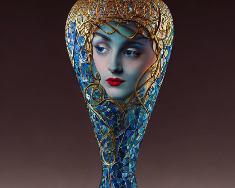 Art Nouveau Style Vase with Woman's Face, Blue Patterns, and Gold Detailing