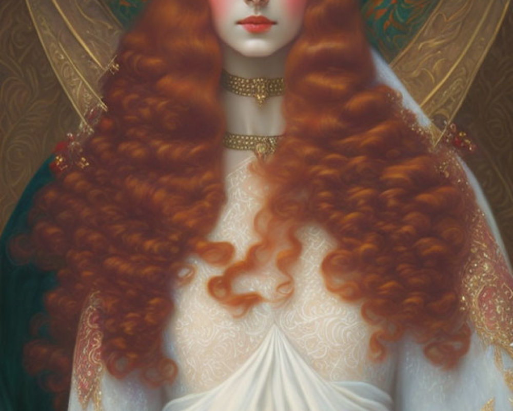 Regal figure with red hair, golden crown, and white gown