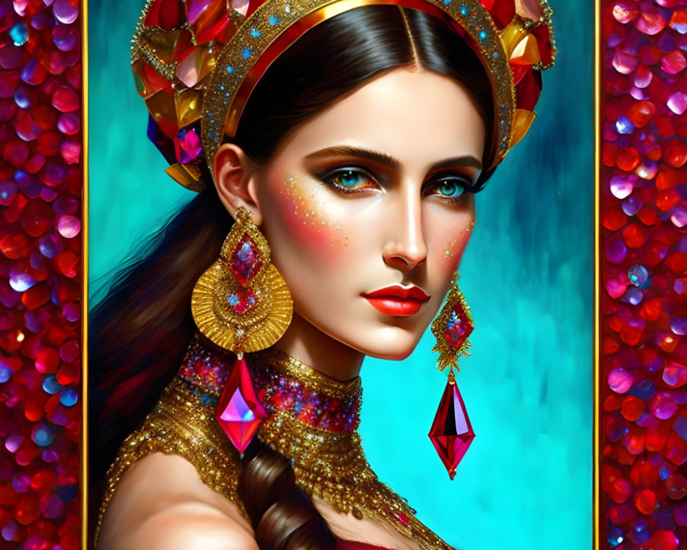 Digital Artwork: Woman with Ornate Headpiece and Blue Eyes on Bokeh Background