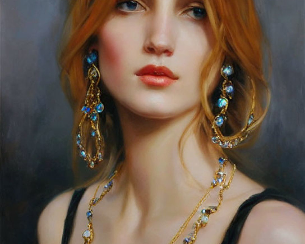 Portrait of young woman with wavy blonde hair, golden crown, blue eyes, and gemstone-ad