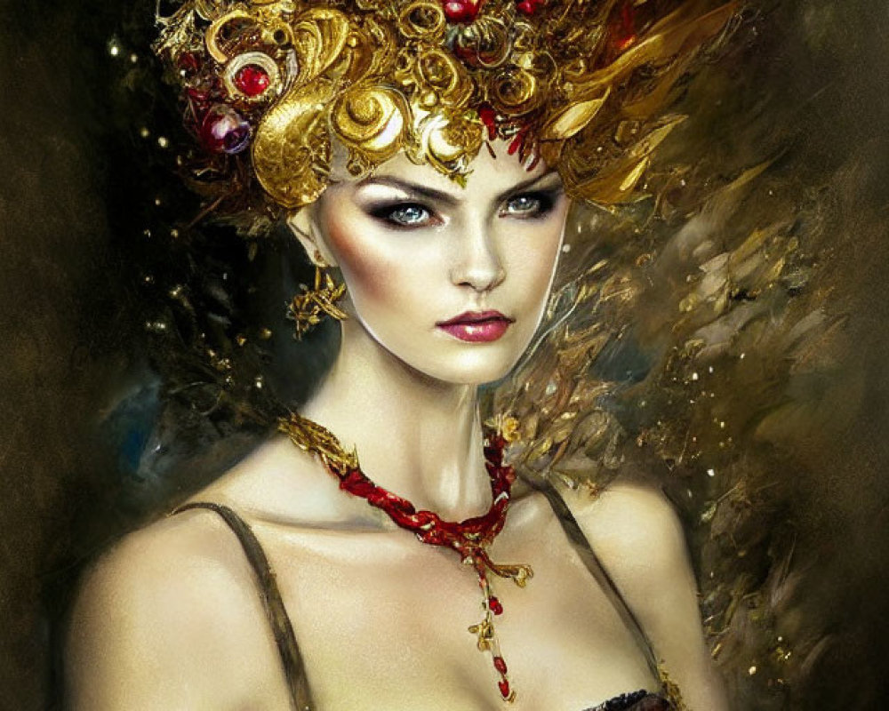 Intricate golden headgear with red gems, feathers, dramatic makeup, and ornate necklace