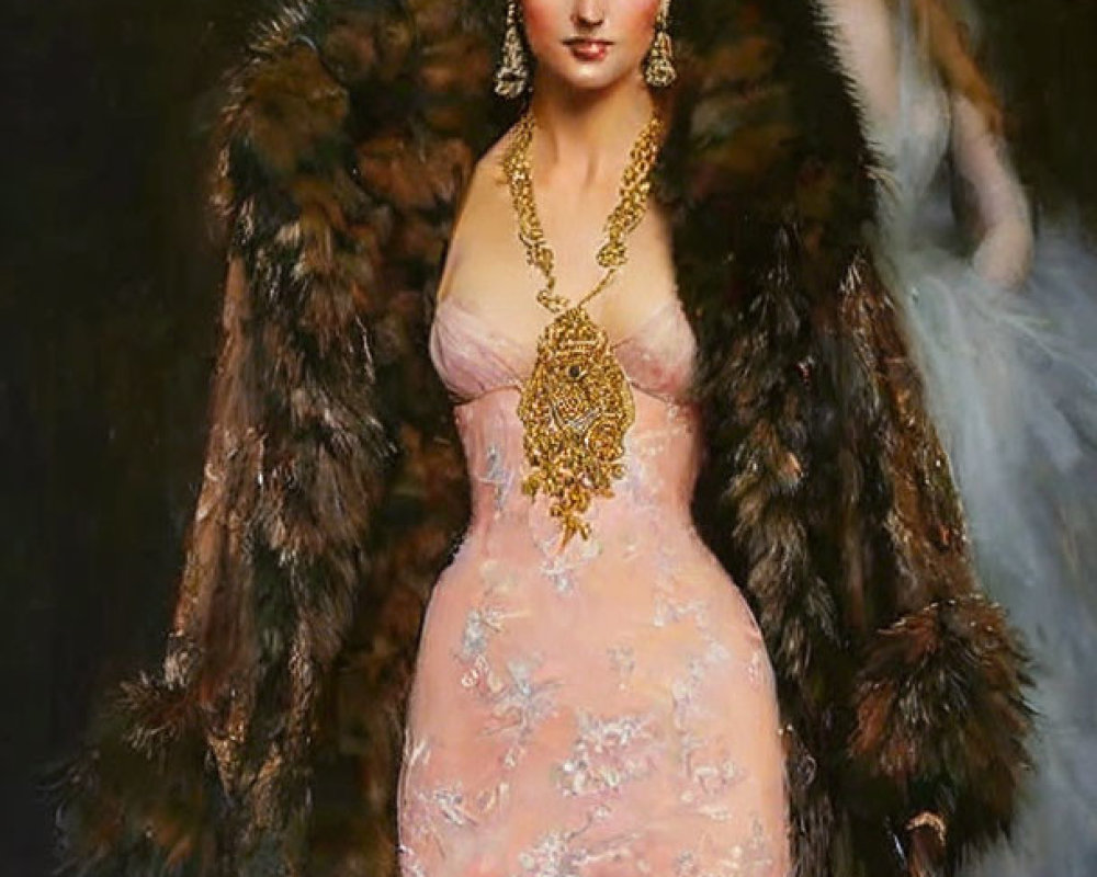 Pink lace dress with gold necklace and fur shawl on elegant woman