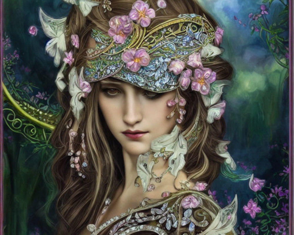 Illustrated fantasy woman with ornate floral headdress and intricate jewelry in mystical setting.