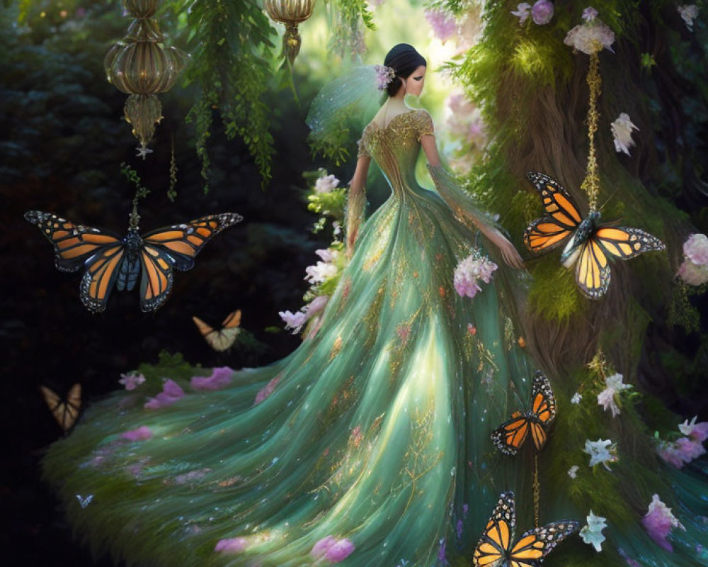 Woman in Elaborate Green Gown in Enchanted Forest with Butterflies and Lanterns