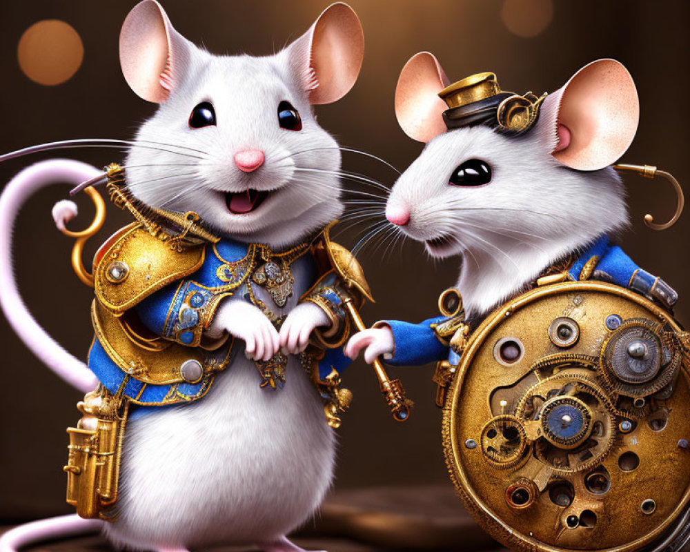 Steampunk-themed anthropomorphic mice with mechanical pocket watch in warm backdrop