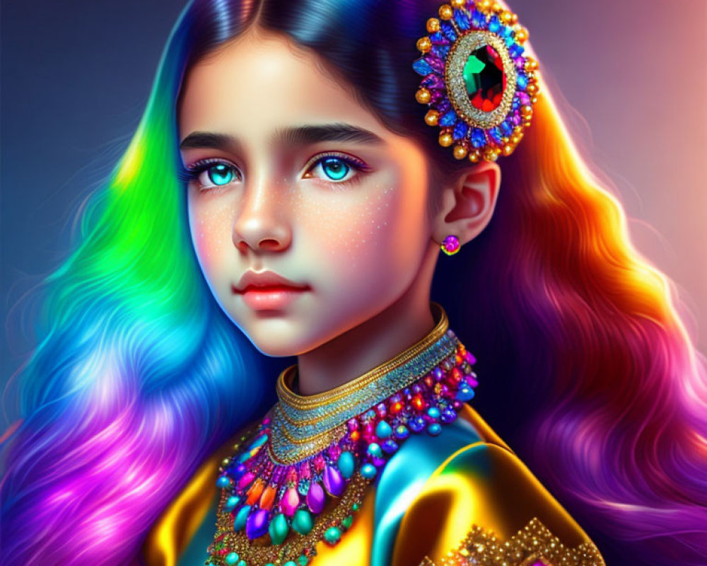 Multicolored Hair Girl in Traditional Attire with Gemstone Headpiece